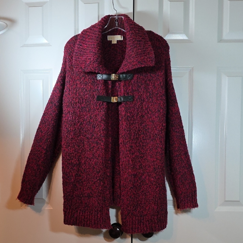 Michael Kors Leather Buckle Cardigan Sweatercoat Ruby Red Black Knit Size [M]‎